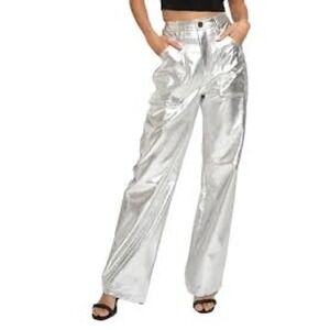 KNOW ONE CARES Women's M Silver Metallic High Waist Wide Leg Faux Leather Pants